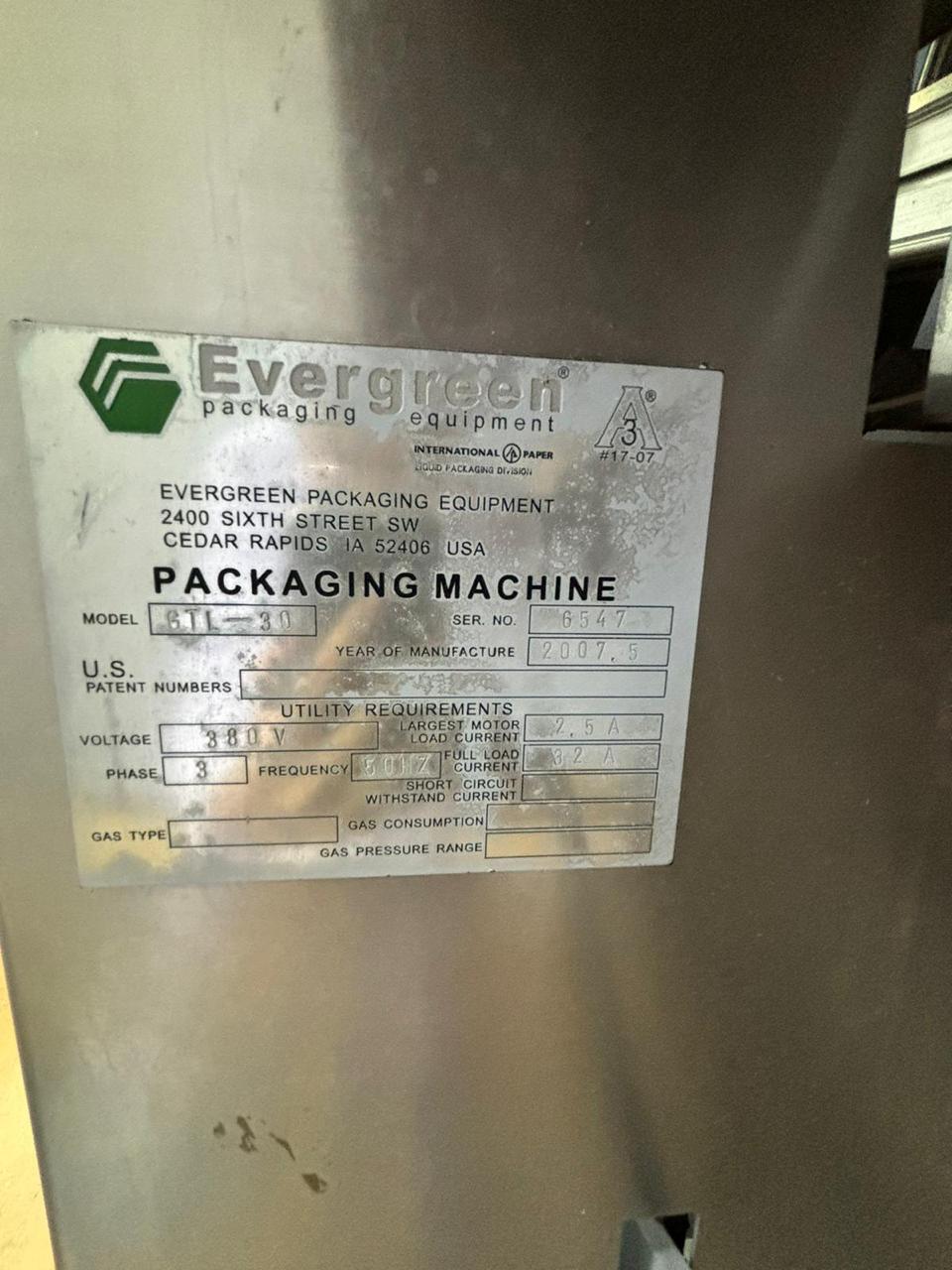 USED EVERGREEN GABLE TOP FILLING AND CAPPING MACHINE YEAR 2007